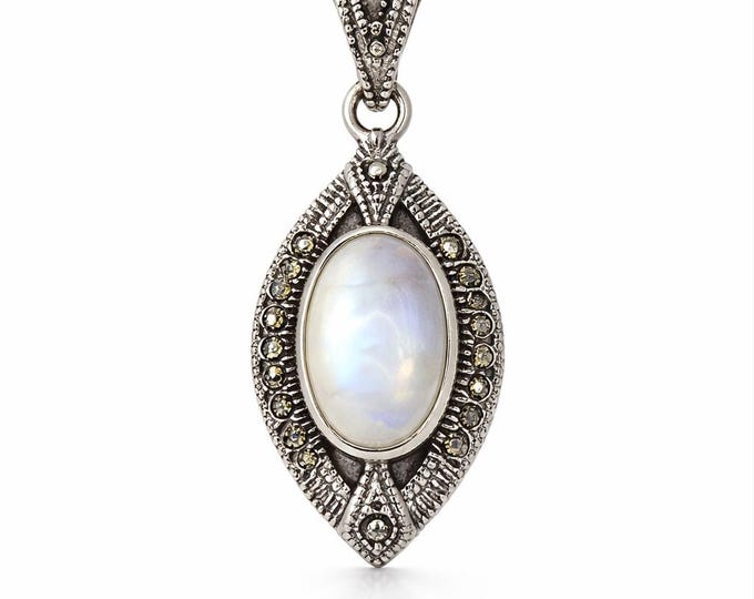 Art Deco Mother of Pearl and Marcasite 925 Sterling Silver Pendant