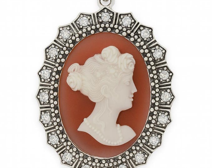 Vintage Style Silver Plated Cameo Pendant Necklace Oval Lady Profile with Marcasite and CZ Accents Victorian Inspired Statement Jewelry