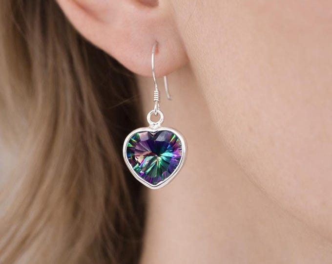 925 Sterling Silver Mystic Topaz and Amethyst Earrings Heart Shaped Gemstone Drop Earrings