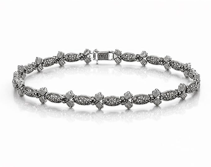 Antique Inspired Marcasite Pineapple Bracelet 925 Sterling Silver