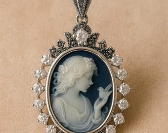 Victorian Style Cameo Pendant Necklace: Silver Plated, Marcasite & CZ Accents