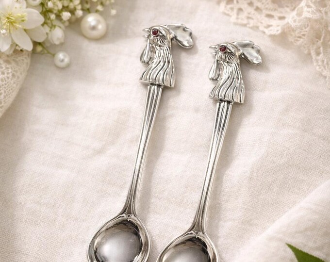 Ruby-Eyed Cockerel Sterling Silver Spoons, Collectible Pair