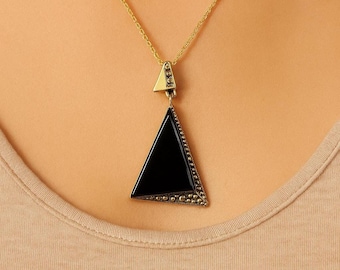 Art Deco Onyx Triangle Pendant, Marcasite Sterling Silver