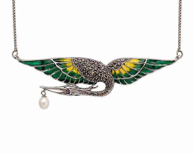 Art Nouveau Stork Necklace, Plique-à-Jour Green Enamel & Marcasite Stork Pendant with Pearl, 925 Sterling Silver