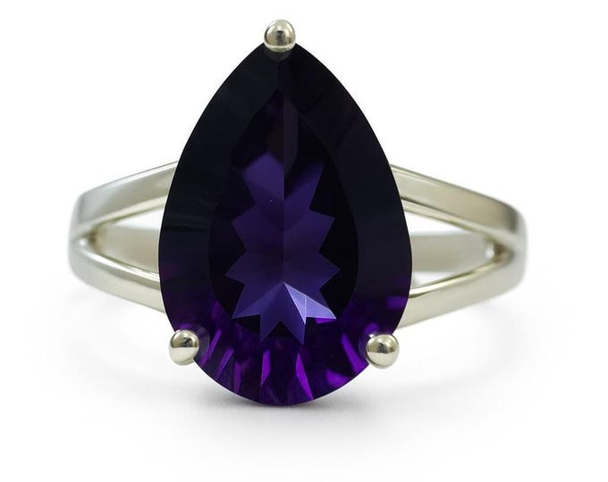 Amethyst Filigree Heart Ring Teardrop Purple Gemstone Statement Cocktail Ring in 925 Sterling Silver, Bold Modern Jewelry Gift for Her