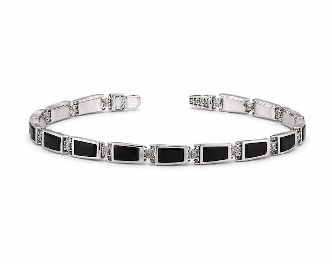 Art Deco Sterling Silver Bracelet, Mother of Pearl, Onyx & Marcasite