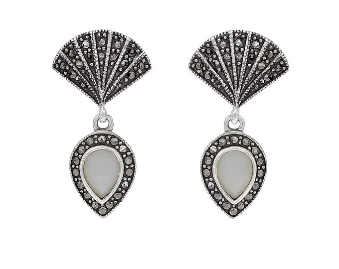 Art Deco Inspired Mother of Pearl, Onyx and Marcasite 925 Sterling Silver Fan Earrings Gift for Her