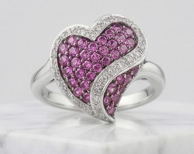 Pink Sapphire Diamond Heart Ring 10K White Gold