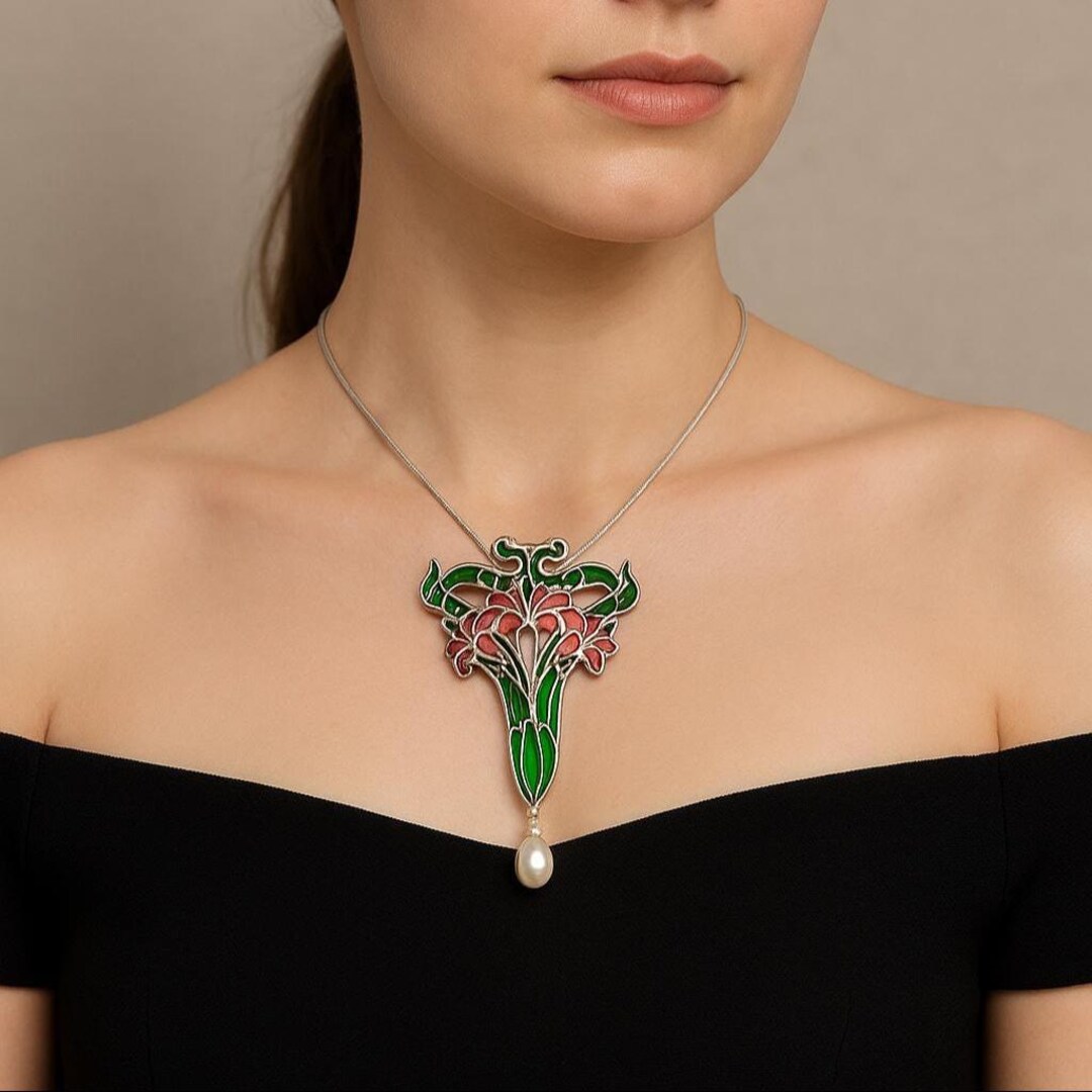 Art Nouveau Inspired Floral Plique a Jour Pearl Pendant Brooch Sterling ...