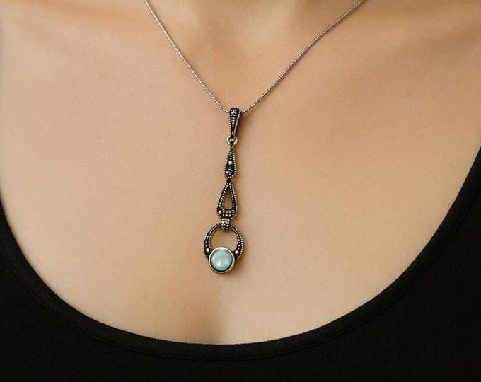 Art Deco Sterling Silver Marcasite Pendant Necklace with White and Blue Gilson Opal Vintage Style 925 Silver Jewelry Gift