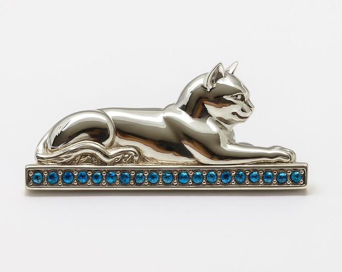 Art Deco Sterling Silver Cat Brooch with Sapphire Gemstones Vintage Style Cat Pin