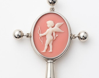 Vintage Baby Rattle with Cupid Cameo Silver and Cream Floral Handle Keepsake Gift Christening or Baby Shower Gift