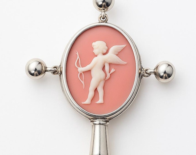 Vintage Baby Rattle with Cupid Cameo Silver and Cream Floral Handle Keepsake Gift Christening or Baby Shower Gift