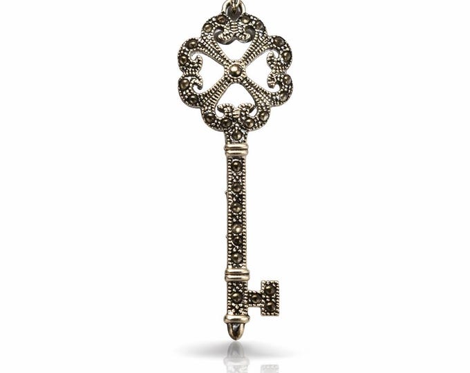 925 Sterling Silver Marcasite Key Pendant Necklace Antique Inspired Jewellery Gift for Her