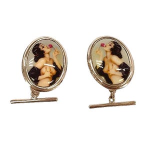 Antique Style Pin Up Lady Enamel 925 Sterling Silver Cuff Links Mens Gift