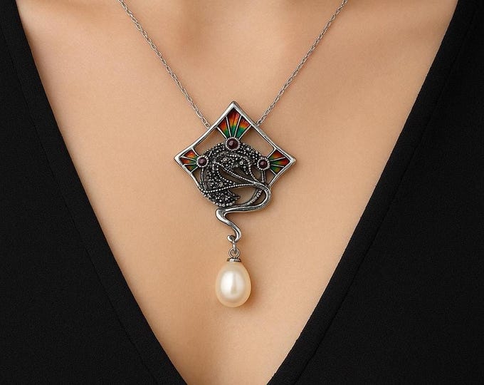 Art Nouveau Inspired Enamel Plique a Jour Ruby, Marcasite and Pearl Brooch Pendant 925 Sterling Silver