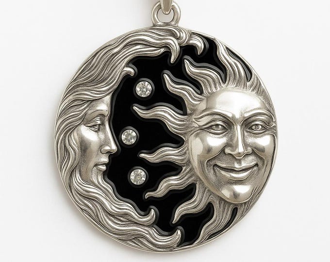 Antique Style Sun and Moon Stars Onyx Pendant 925 Sterling Silver