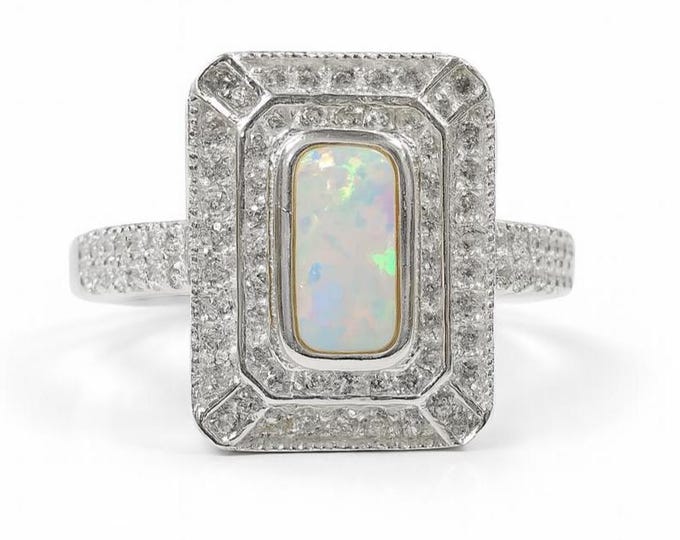 Gilson Opal and CZ Diamond Ring 925 Sterling Silver