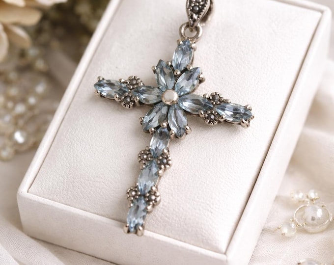 Victorian Style 925 Sterling Silver Aquamarine and Marcasite Cross Pendant Antique Inspired Gemstone Necklace