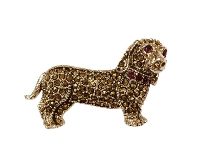 Antique Inspired Marcasite Dachshund Dog Brooch Ruby Eye Collectable 925 Sterling Silver Dog Lover Gift