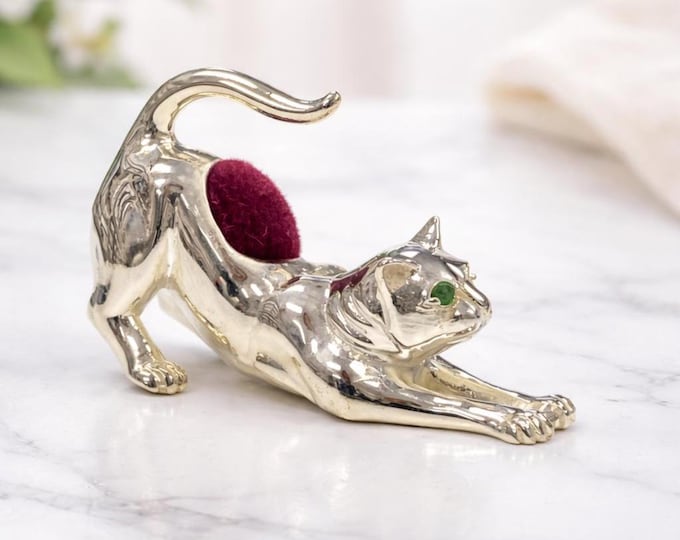 Vintage Style Silver Plated Cat Pin Cushion, Sewing Accessory Figurine