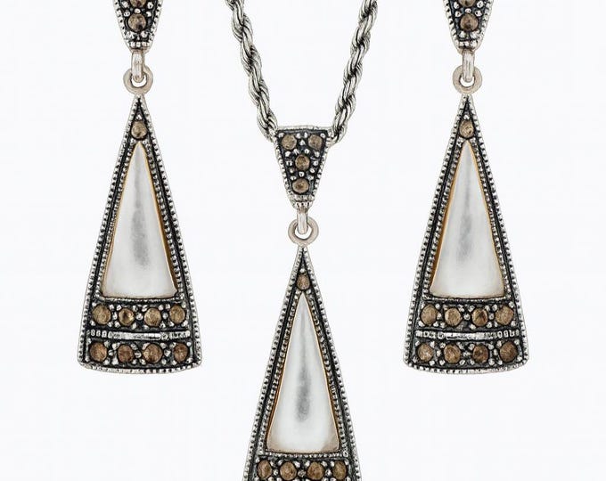 Art Deco Inspired Mother of Pearl and Marcasite Set 925 Sterling Silver Earrings Pendant Set