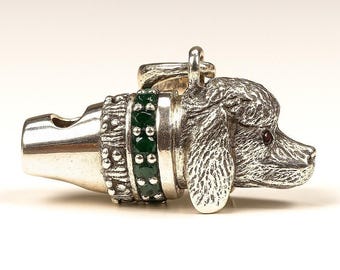 Antique Style Emerald Poodle Dog Whistle Pendant 925 Sterling Silver Bird Lover Gift