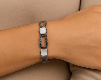 Art Deco Sterling Silver Bracelet, Mother of Pearl & Marcasite