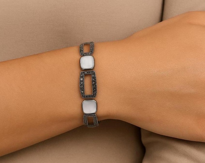 Art Deco Sterling Silver Bracelet, Mother of Pearl & Marcasite