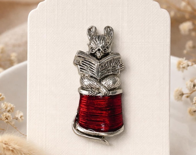 Sterling Silver Mouse Reading ‘The Tailor’ Brooch Vintage Inspired Book Lover Gift, Tailor of Gloucester Pin, Sewing Mouse Jewelry