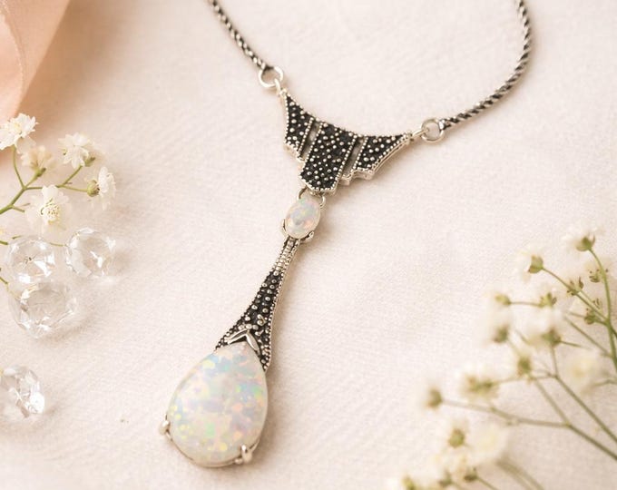Art Deco Inspired White Gilson Opal Necklace 925 Sterling Silver Hallmarked