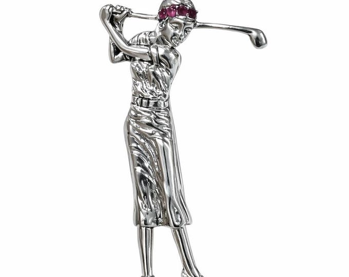 Ruby Lady Golfer Brooch 925 Sterling Silver Hallmarked Golf Lover Gift