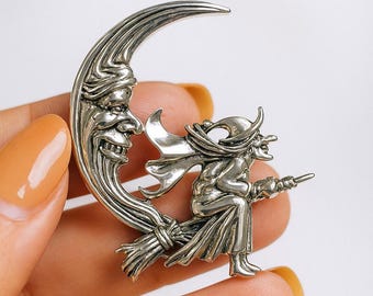 Sterling Silver Witch on Broom with Crescent Moon Brooch Vintage Halloween Jewelry Pin