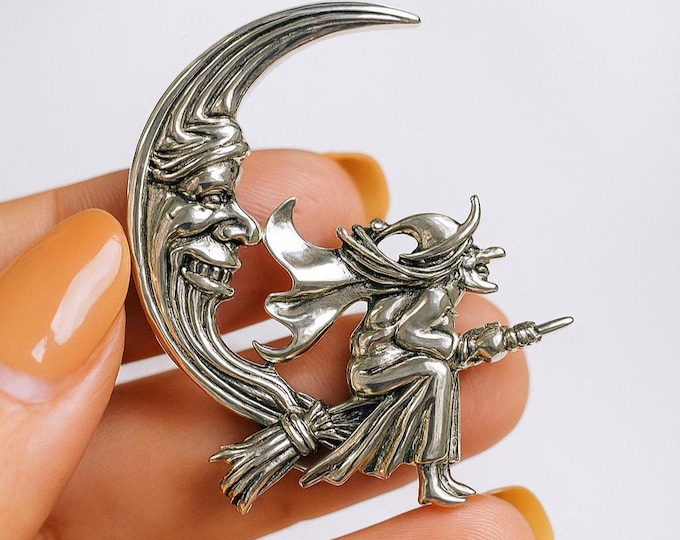 Sterling Silver Witch on Broom with Crescent Moon Brooch Vintage Halloween Jewelry Pin