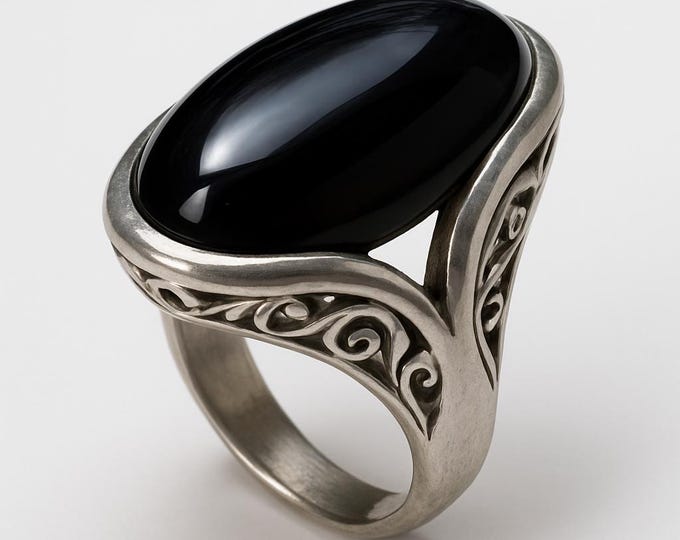 Art Nouveau Inspired Filigree Black Onyx Statement Ring 925 Sterling Silver Hallmarked Gift for Her