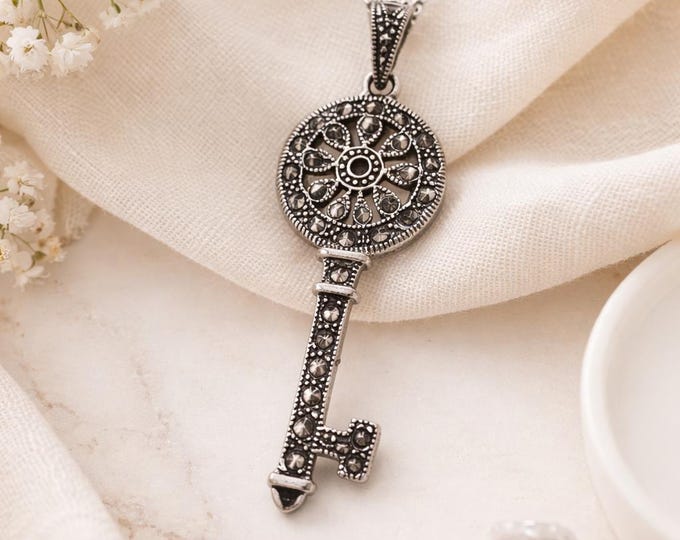 925 Sterling Silver Marcasite Key Pendant Necklace Antique Inspired Jewellery Gift for Her