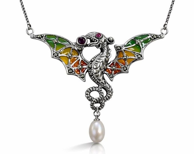 Plique à Jour Dragon Necklace, Sterling Silver Art Nouveau Pendant with Pearl Drop, Vintage Style Enamel Fantasy Jewelry