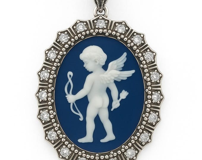 Vintage Style Silver Plated Cameo Pendant Necklace Oval Cupid with Marcasite and CZ Accents Victorian Inspired Statement Jewelry