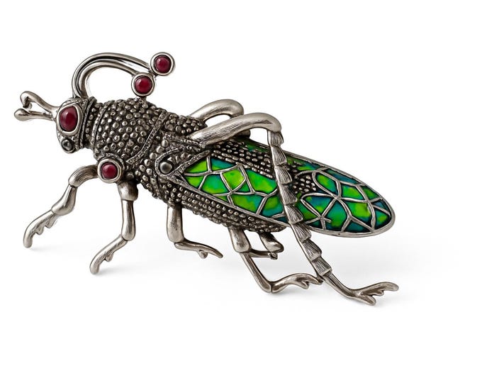 Antique Style Insect Brooch Sterling Silver Plique-à-Jour Enamel with Marcasite and Ruby Accents, Vintage Art Nouveau Jewelry Pin