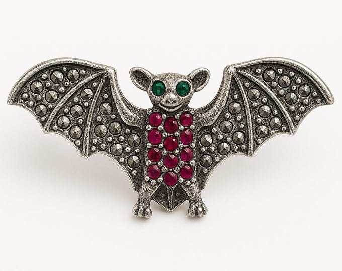 Antique Inspired Marcasite Ruby, Sapphire and Emerald Bat Brooch Ruby Eye 925 Sterling Silver
