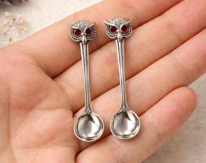Vintage Owl Sterling Silver Salt Spoons, Ruby Eyes, Collectible Miniature Pair