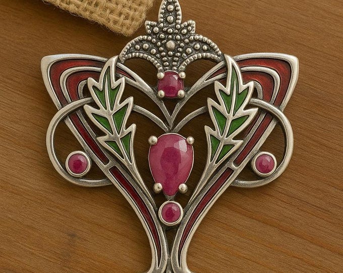 Art Nouveau Plique-à-Jour Enamel Brooch 925 Sterling Silver Ruby and Marcasite Floral Pin Gift for Her