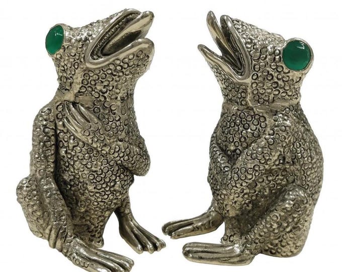 Vintage Style Frog Salt and Pepper Shakers Textured Silver Plate with Green Jade Eyes Collectible Tableware