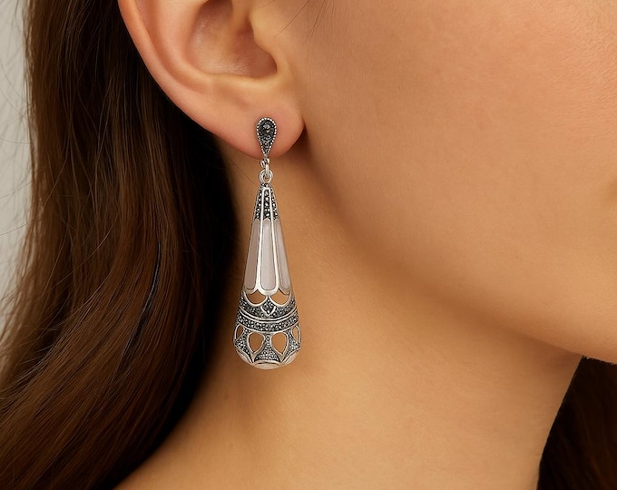 Art Deco Mother of Pearl Marcasite Dangle Earrings, 925 Sterling Silver