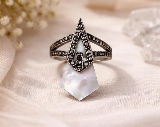 925 Sterling Silver Ring, Mother of Pearl & Marcasite, Art Deco