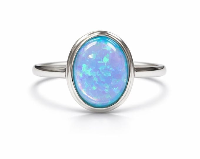 Oval Blue Opal Ring, 925 Sterling Silver