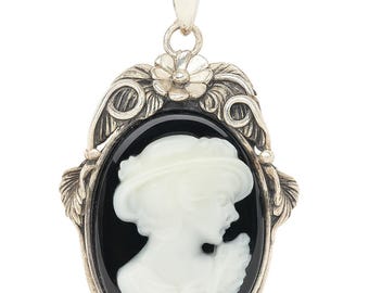 Art Nouveau Inspired Floral Cameo Lady Profile Pendant 925 Sterling Silver