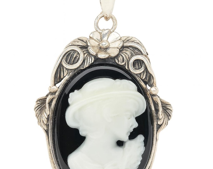 Art Nouveau Inspired Floral Cameo Lady Profile Pendant 925 Sterling Silver