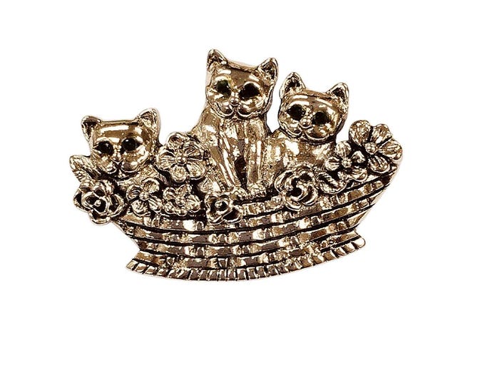 Antique Style Three Kittens in Basket Collectable Brooch 925 Sterling Silver