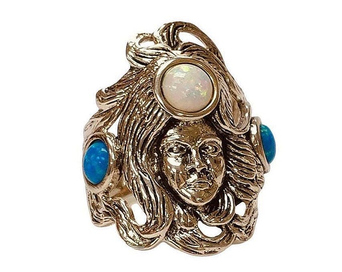 Antique Style Blue and White Gilson Opal Medusa Ring 925 Sterling Silver